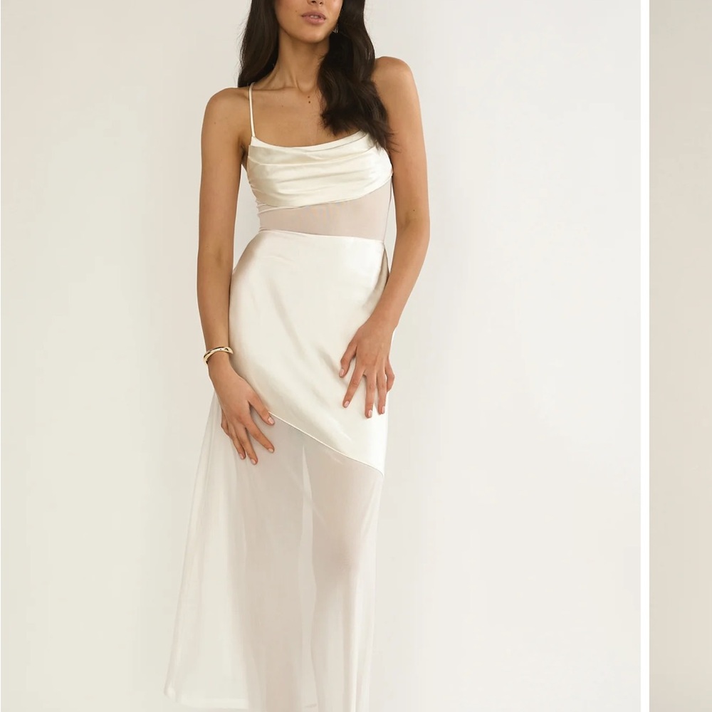 Selfie Leslie Ivory Cream Satin Maxi Dress
